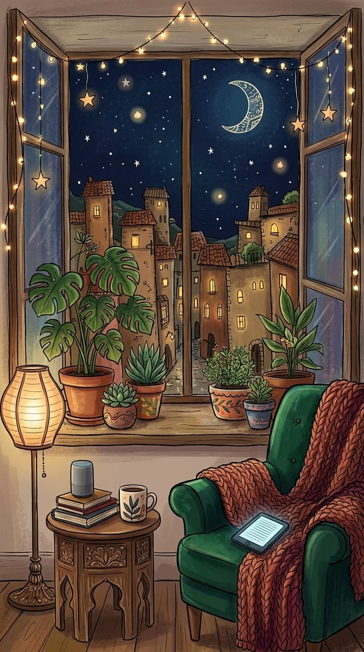 Moonlit window and green armchair illustration