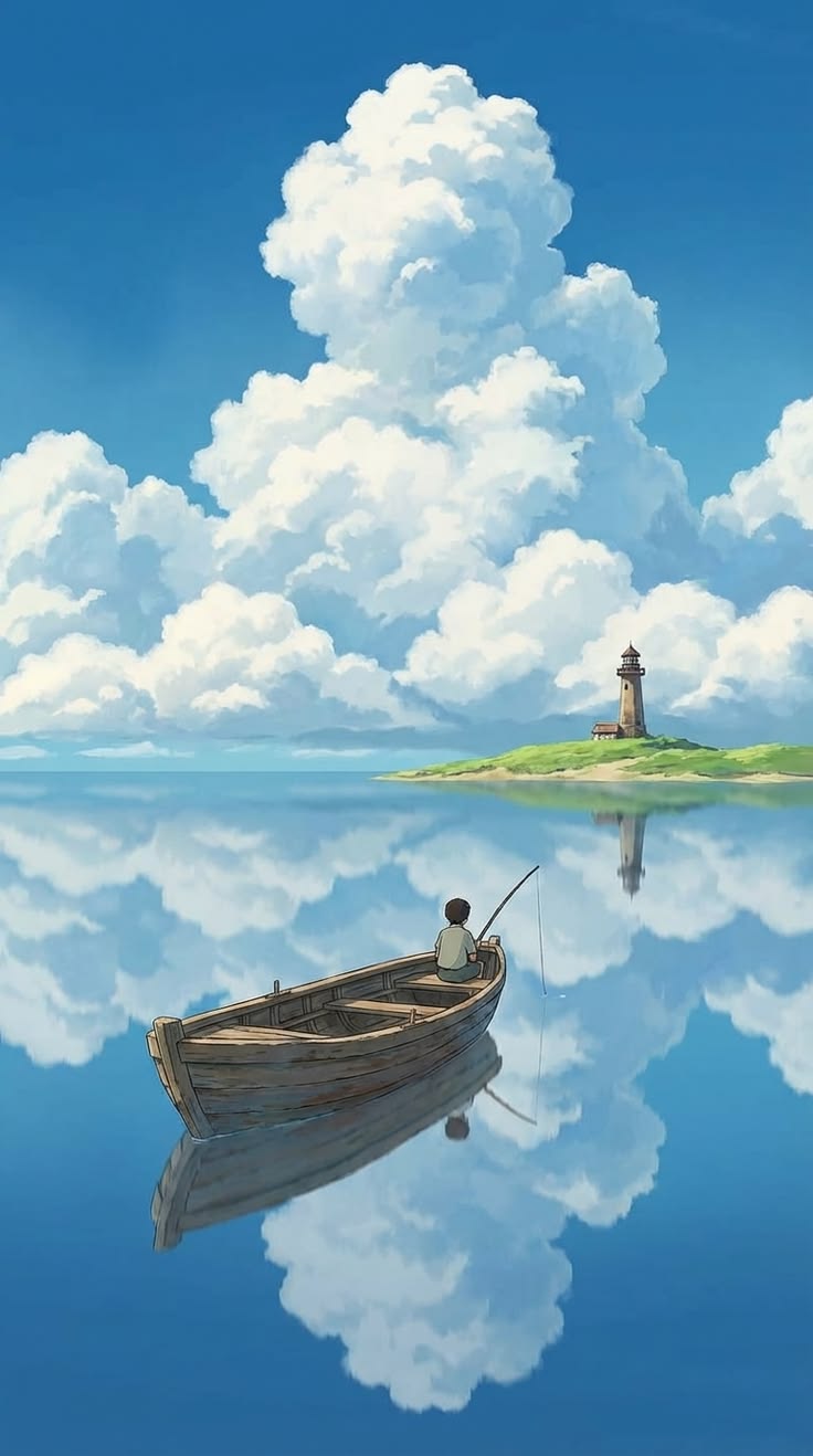 Boy fishing in a boat under towering clouds illustration
