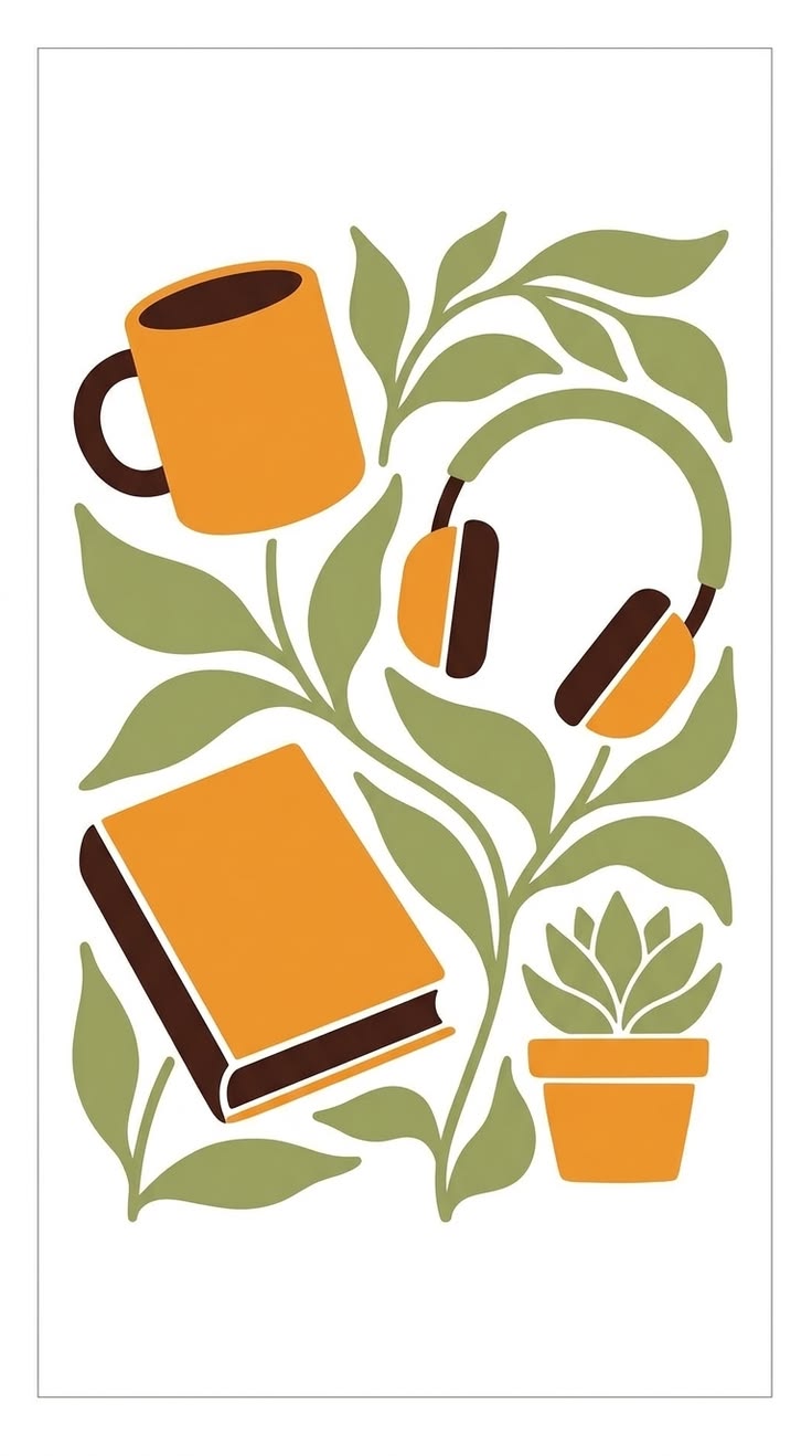 Mug, headphones, and plant icon poster illustration
