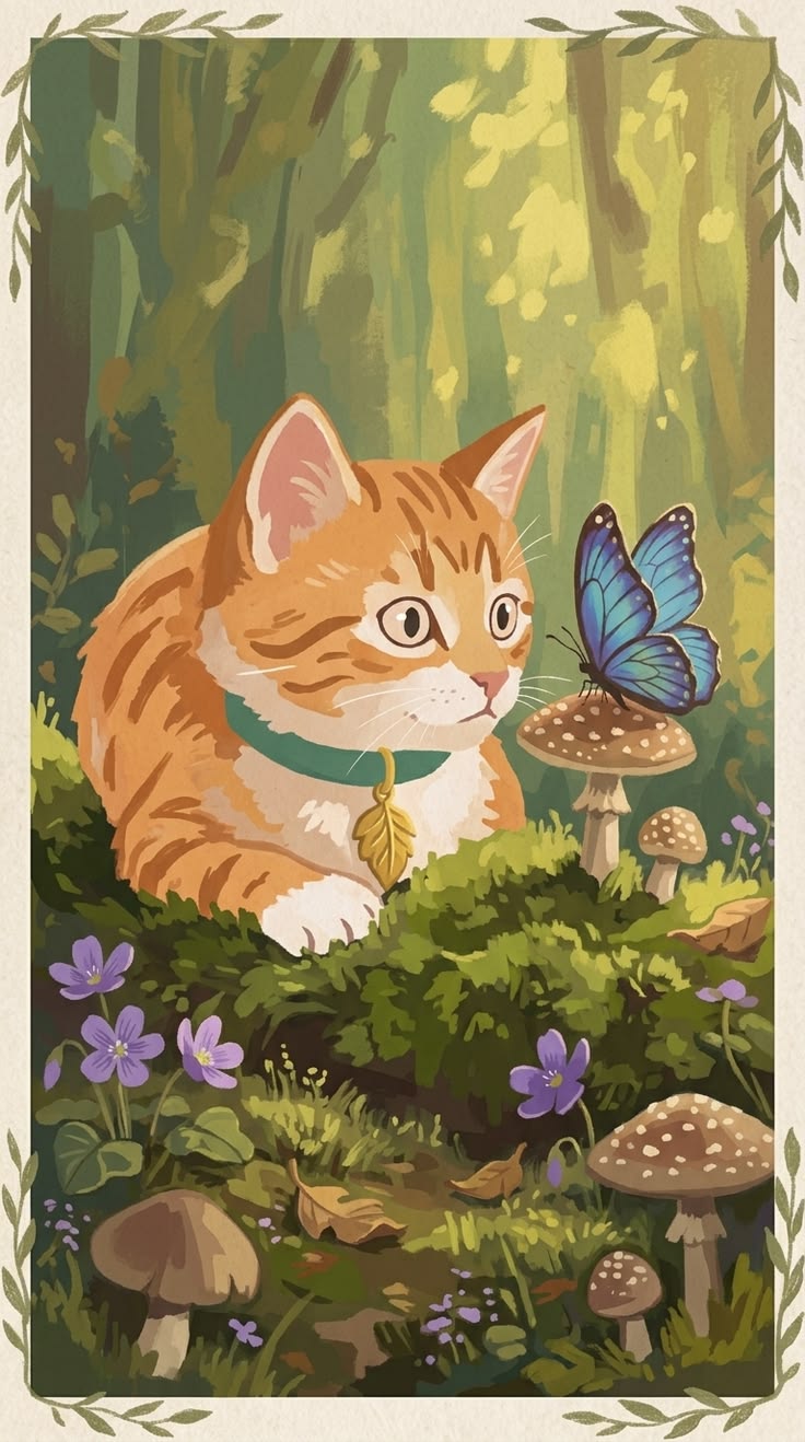 Orange cat and butterfly forest illustration