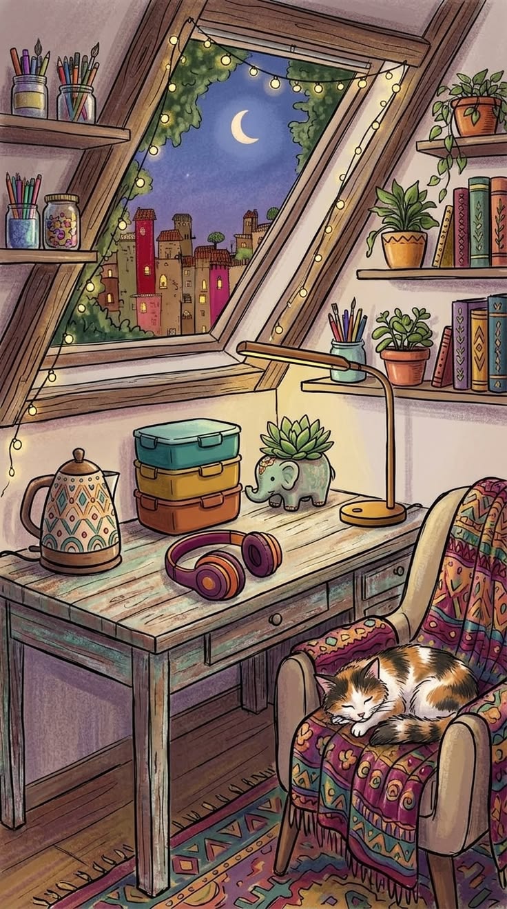 Cozy attic desk and sleeping cat illustration