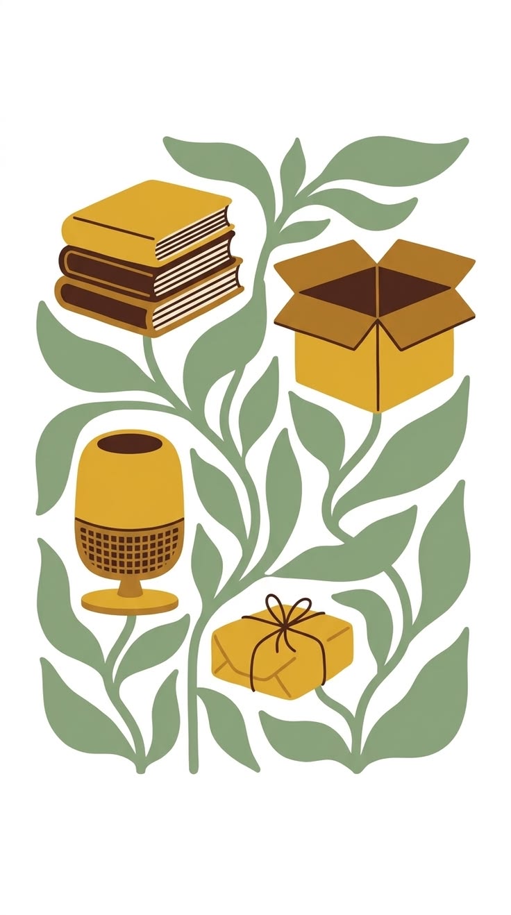 Books and gift icon botanical poster illustration