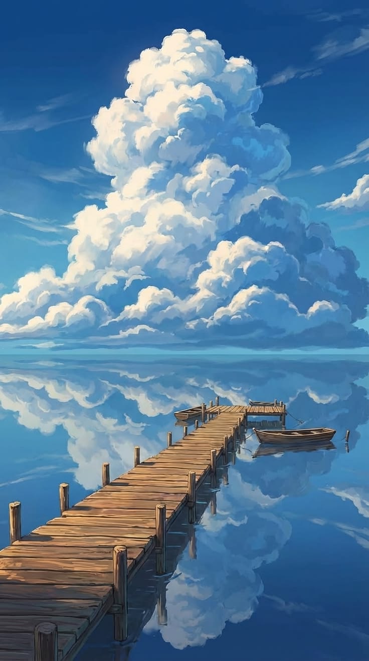 Wooden pier beneath reflective clouds illustration