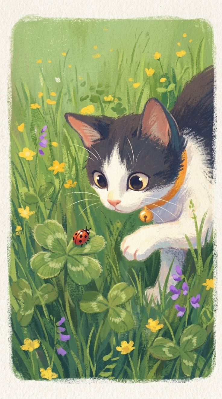 Black and white kitten in flowers illustration