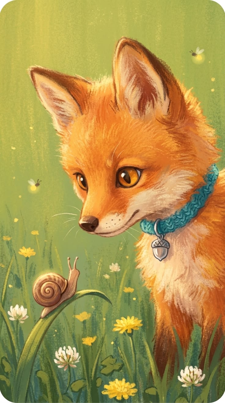 Fox with snail in meadow illustration